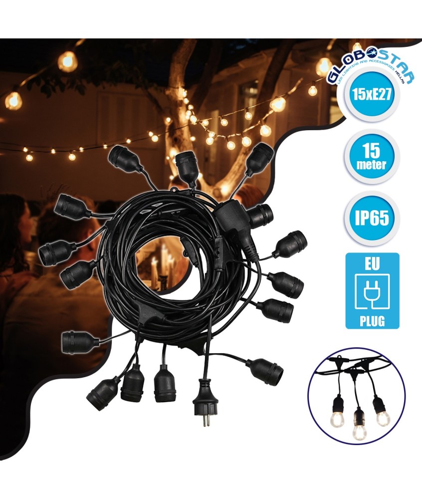 GLOBOSTAR® E27GARLAND 78984 Μοντέρνο Φωτιστικό Κήπου Γιρλάντα 15m με Ντουί 15 x E27 & Πρίζα Schuko Επεκτεινόμενη 90° AC 220-240V IP65 - Μαύρο - Μ1500 x Π92 x Υ16cm